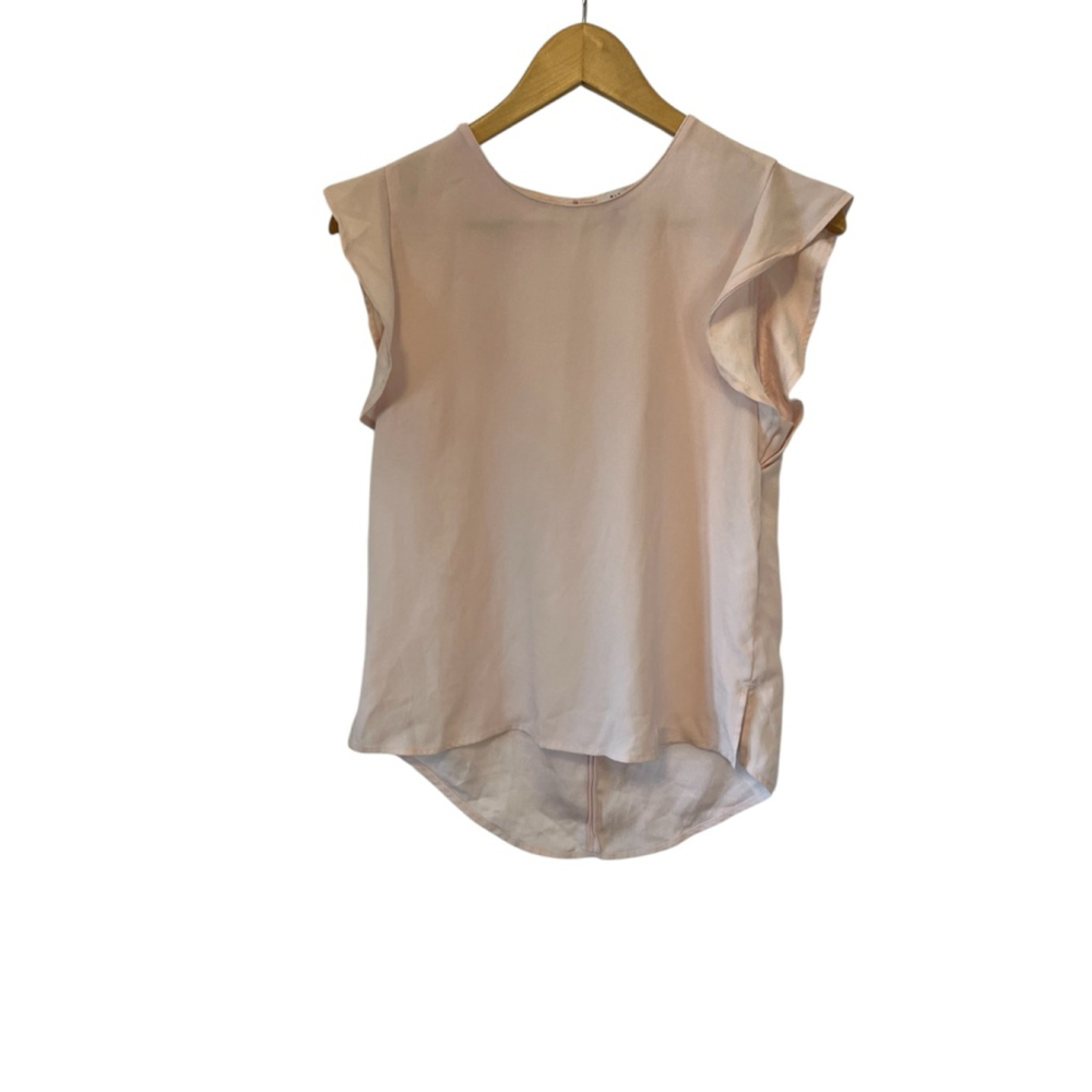 Babaton Blush Pink Flutter Sleeve Blouse XS Silk Look Hi Low Top Minimalist